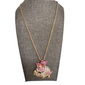 Betsey Johnson Pig Pendant Necklace Pink Rhinestone Bow Gold Tone Vtg Y2K Bling